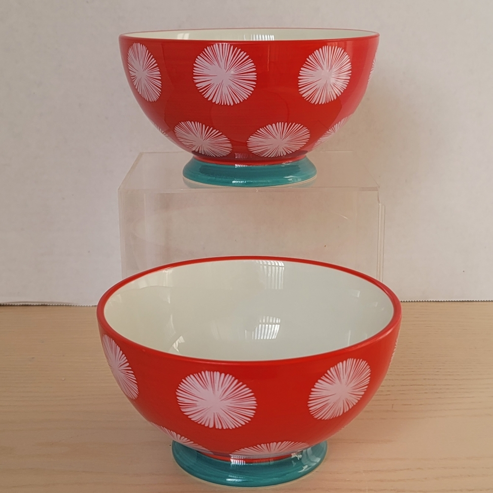 The Pioneer Woman Flea Market  Red White Turquoise Footed Bowl  6"  Set of 2